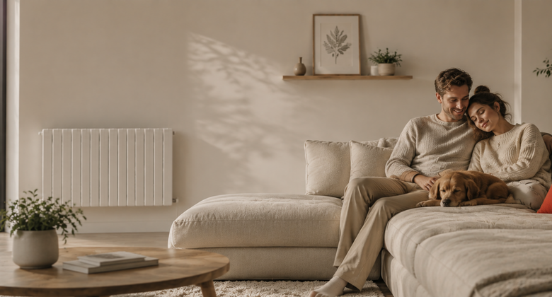 Paar mit Hund auf dem Sofa im warmen Wohnzimmer