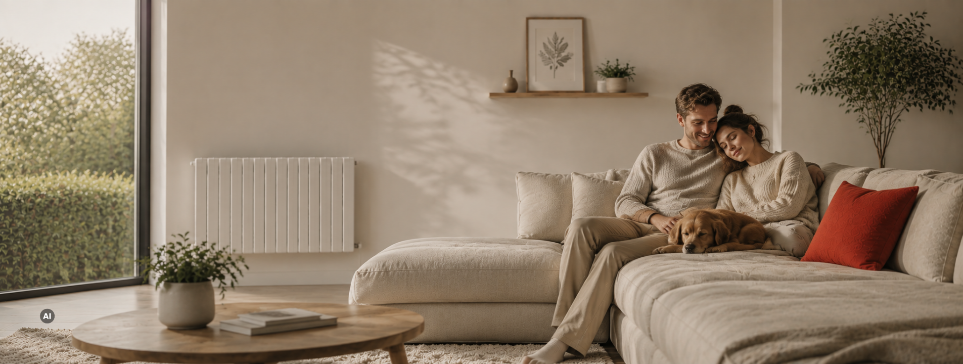 Paar mit Hund auf dem Sofa im warmen Wohnzimmer