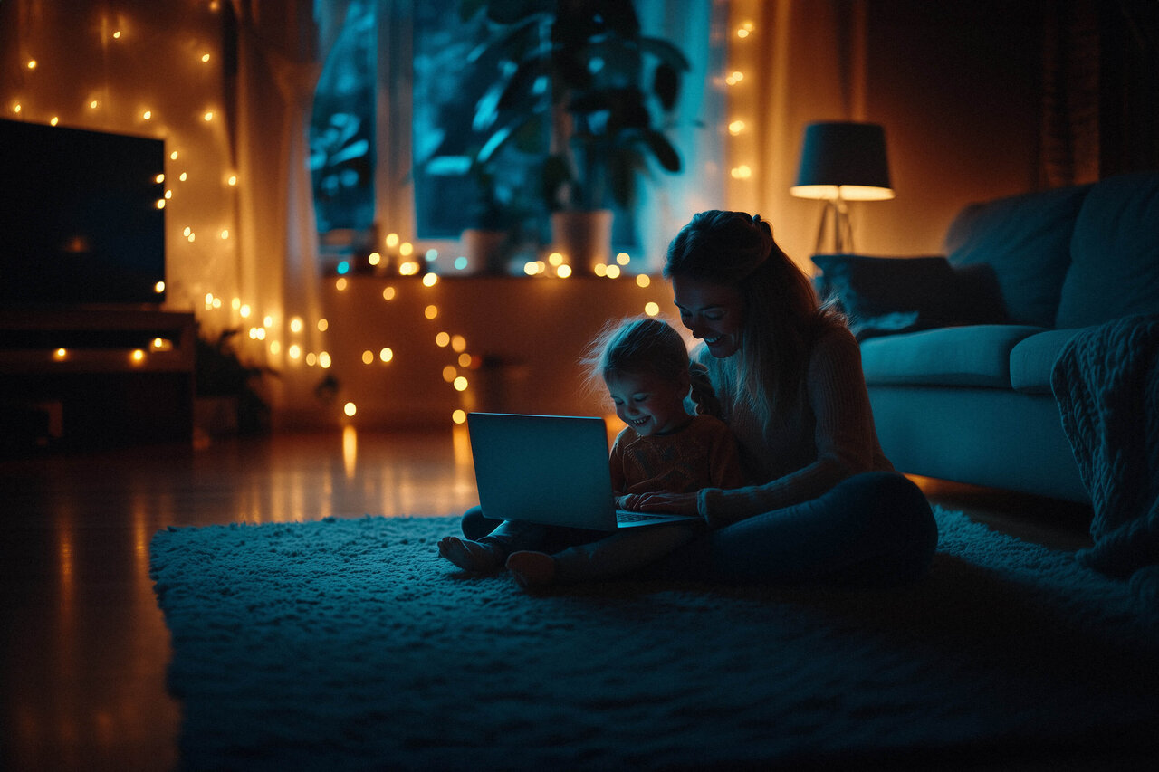 Familie sitzt abends gemeinsam im Wohnzimmer