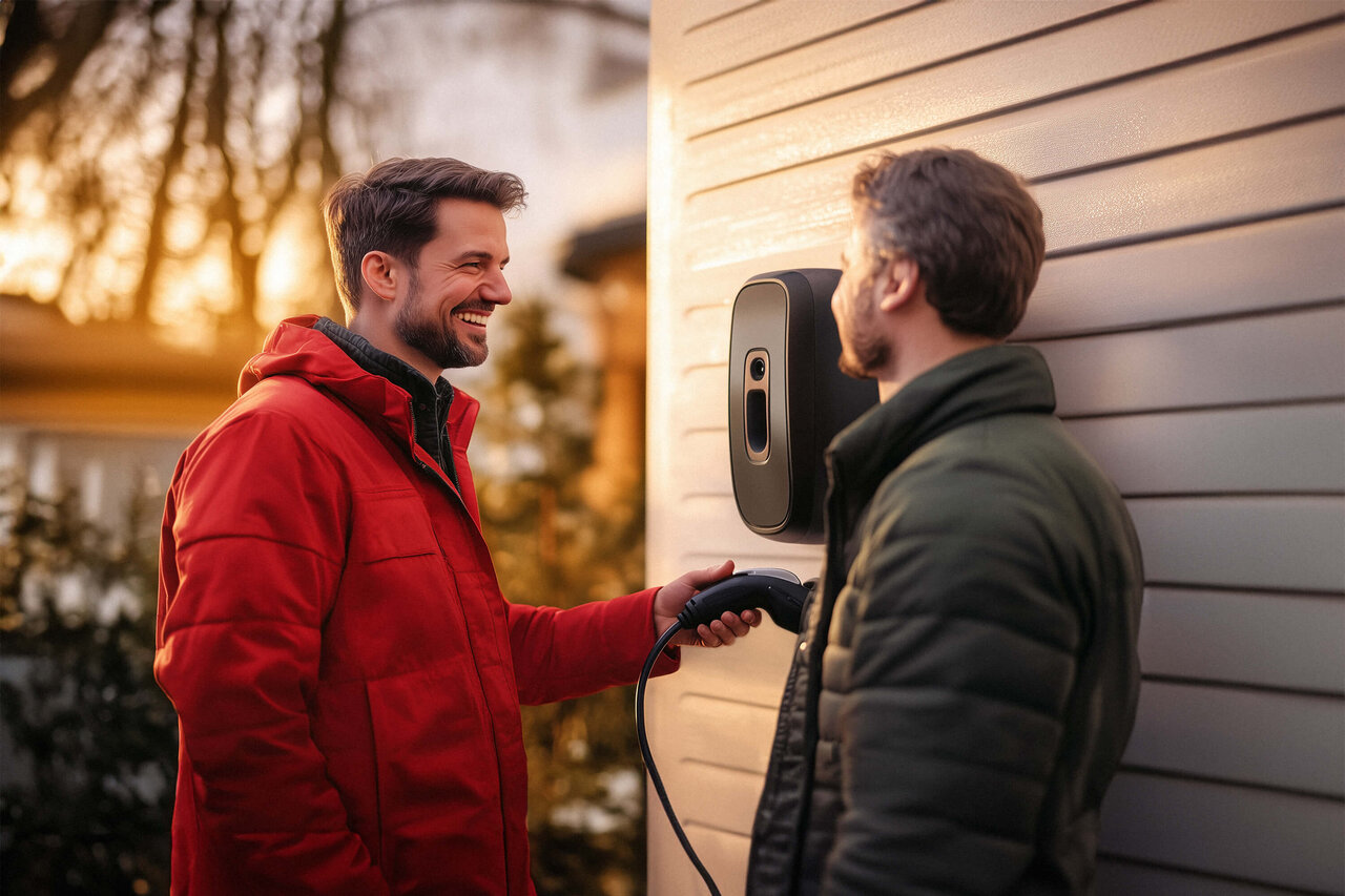 Zwei Männer an einer Wallbox, einer reicht das Ladekabel